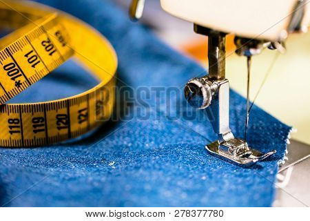 Sewing Denim Jeans With Sewing Machine. Repair Jeans By Sewing Machine. Alteration Jeans, Hemming A 
