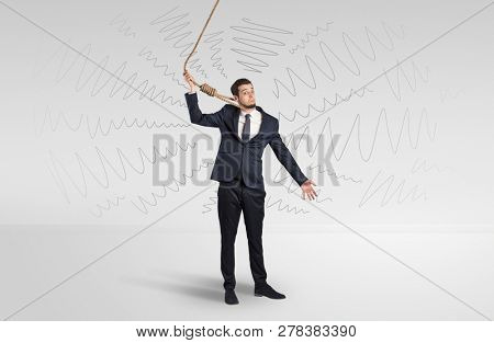 Hopeless young businessman trying to suicide with question signs concept