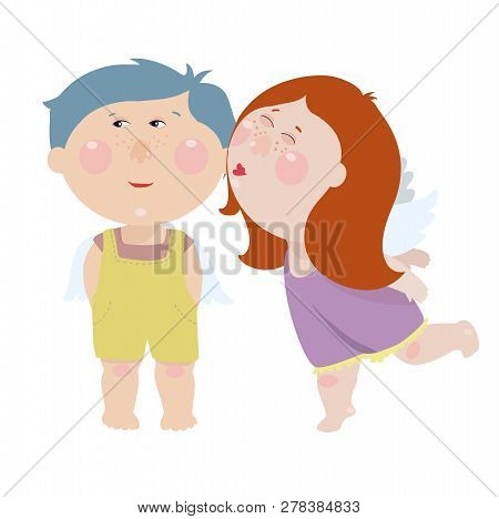 Girl Is Kissing A Boy. Cute Little Angels Illustration.
