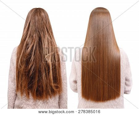Sick, Cut And Healthy Hair Care Keratin. Before And After Treatment.
