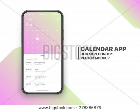 Calendar App Concept April 2019 Page with To Do List and Tasks UI UX Design Mockup Vector on Frameless Smartphone Screen Isolated on White Background. Planner Application Template for Mobile Phone