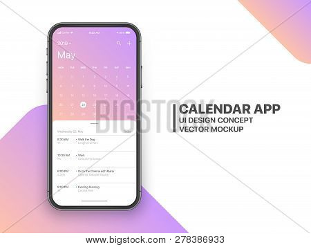 Calendar App Concept May 2019 Page with To Do List and Tasks UI UX Design Mockup Vector on Frameless Smartphone Screen Isolated on White Background. Planner Application Template for Mobile Phone