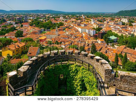 Aerial View Of Gorizia City Centre And Semi-circular Bastion Of Medieval Castle, Friuli Venezia Giul