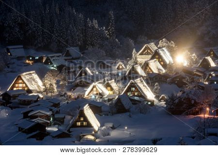 Winter Landscape of Shirakawago light-up with Snowfall Gifu Chubu Japan
