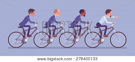 Male Business Tandem. Successful Businessmen Team Riding Together A Bicycle For Five, Working In Coo