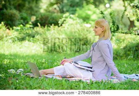 Business Lady Freelance Work Outdoors. Remote Job Concept. Managing Business Remote Outdoors. Woman 