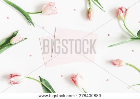 Valentine's Day Composition. Tulip Flowers, Envelope On White Background. Valentine's Day, Mother's 