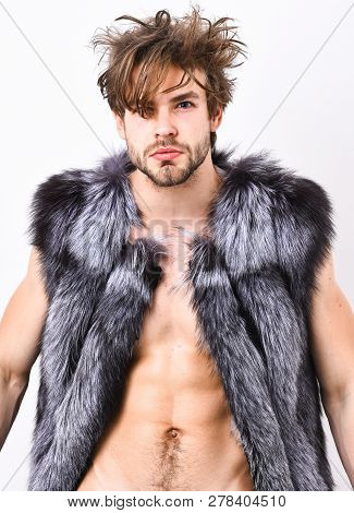 Sexy Sleepy Rich Macho Tousled Hair Fur Vest On White Background. Guy Attractive Fashion Model Posin