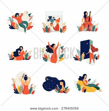 Feminine Concept Illustration, Beautiful Women In Different Situations. International Womens Day. Fl