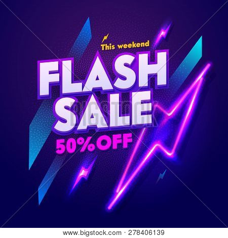 Flash Sale Neon Night Banner Sign. Discount Advertising Glow Electric Bar Billboard. 3d Glossy Squar