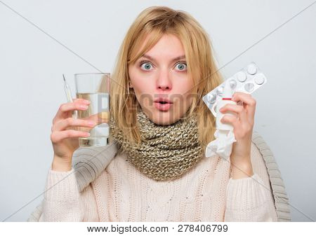 Take Pills Relieve Fever. Drink Plenty Of Fluids. Girl Take Medicine To Break Fever. Breaking Fever 