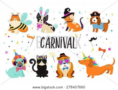 Funny Animals, Pets. Cute Dogs And Cats With A Colorful Carnival Costumes, Vector Illustration