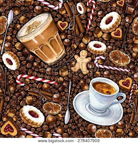 Seamless Pattern With Different Coffee Drinks And Sweets On Dark Background. Illustration Of Espress