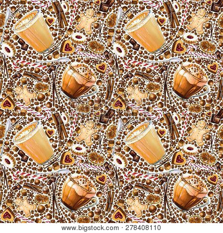 Seamless Pattern With Different Coffee Drinks And Sweets On White Background. Illustration Of  Flat 