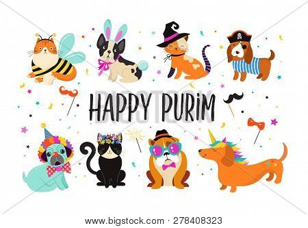 Funny Animals, Pets. Cute Dogs And Cats With A Colorful Carnival Costumes, Vector Illustration. Happ