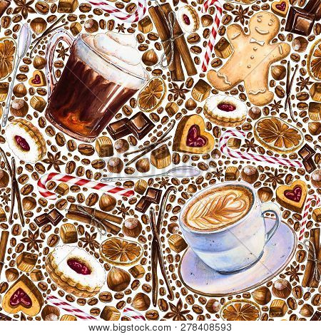 Seamless Pattern With Different Coffee Drinks And Sweets On White Background. Illustration Of Irish 