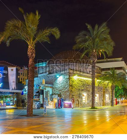 Antalya, Turkey - May 9, 2017: The Old Stone Building Of Bindalli Trading Dome, Nowadays Serving As 