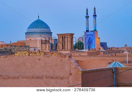 Early Morning In Yazd, The Deep Blue Sky Over The Dome Of Bogheh-ye Seyed Roknaddin Mausoleum And Mi