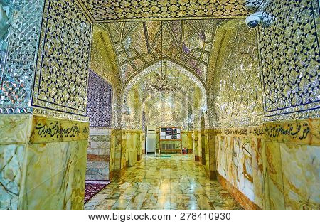 Yazd, Iran - October 18, 2017: Almost All The Halls And Corridors Of Imam Zadeh Jafar Shrine Are Dec
