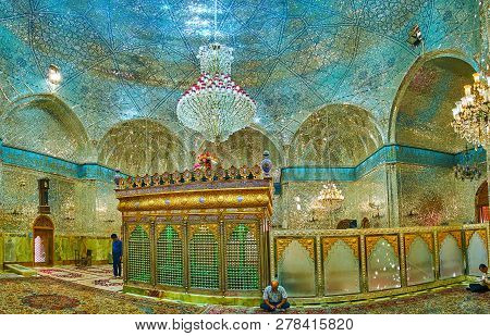 Yazd, Iran - October 18, 2017: Panorama Of Imam Zadeh Jafar Mausoleum With Dazzling Walls And Dome, 