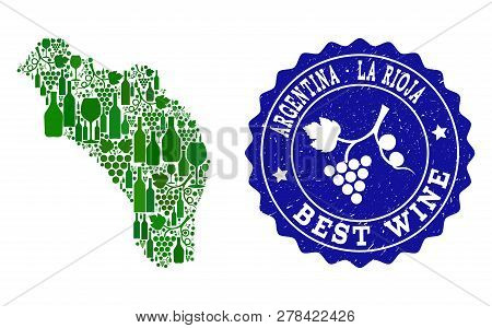Vector Collage Of Wine Map Of Argentina - La Rioja And Best Grape Wine Grunge Stamp. Map Of Argentin