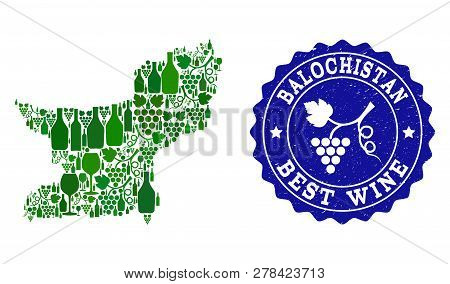 Vector Collage Of Wine Map Of Balochistan Province And Best Grape Wine Grunge Stamp. Map Of Balochis