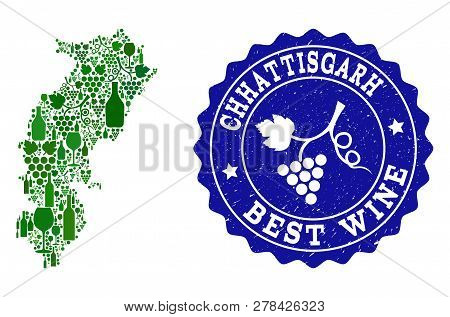 Vector Collage Of Wine Map Of Chhattisgarh State And Best Grape Wine Grunge Watermark. Map Of Chhatt