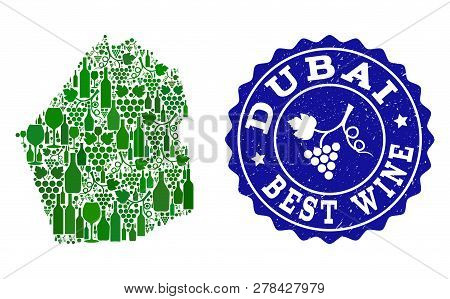 Vector Collage Of Wine Map Of Dubai Emirate And Best Grape Wine Grunge Seal. Map Of Dubai Emirate Co