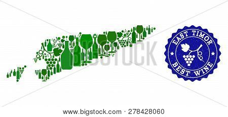 Vector Collage Of Wine Map Of East Timor And Best Grape Wine Grunge Stamp. Map Of East Timor Collage