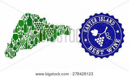Vector Collage Of Wine Map Of Easter Island And Best Grape Wine Grunge Seal Stamp. Map Of Easter Isl