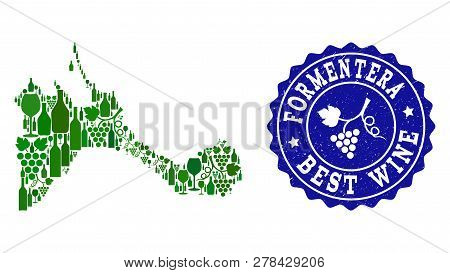 Vector Collage Of Wine Map Of Formentera Island And Best Grape Wine Grunge Watermark. Map Of Forment