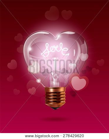 Happy Valentines Day. Transparent Glowing Electric Light Bulb With Bokeh Heart Background And Hand D