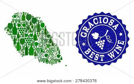 Vector Composition Of Wine Map Of Graciosa Island And Best Grape Wine Grunge Stamp. Map Of Graciosa 