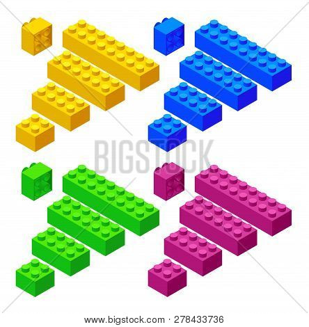 Isometric Plastic Toy Blocks Isolated On White Background. Plastic Construction Blocks Vector Illust