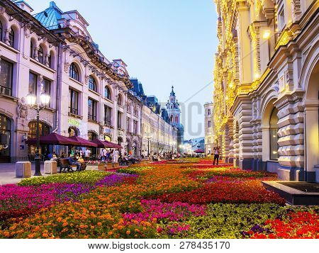 Moscow, Russia-24  July. Nikolskaya Street Decorated With Flowers In Moscow On July 24, 2014 . Passe