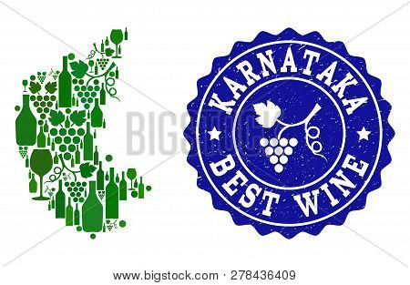 Vector Collage Of Wine Map Of Karnataka State And Best Grape Wine Grunge Stamp. Map Of Karnataka Sta