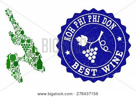 Vector Collage Of Wine Map Of Koh Phi Don And Best Grape Wine Grunge Watermark. Map Of Koh Phi Don C