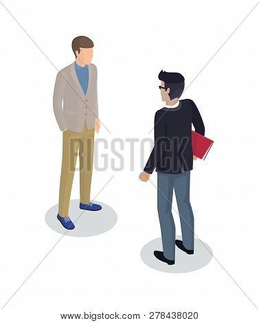 Businessman And Client Set Of 3d Isometric Icons. Professional With File In Red Folder Seance Of Bos