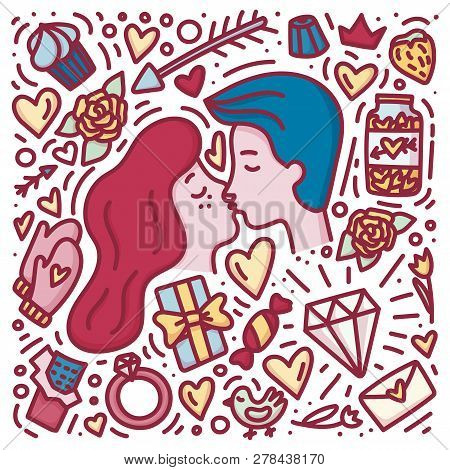 Couple In Love Kissing. Doodle Hand Drawn Valentinesday Concept. Print For For Valentines, Save The 