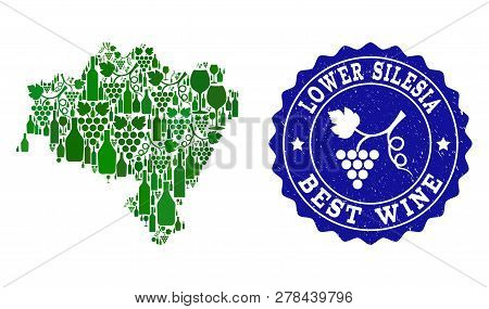 Vector Collage Of Wine Map Of Lower Silesia Province And Best Grape Wine Grunge Seal. Map Of Lower S