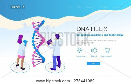 Isometric Dna Helix, Dna Analysing Concept. Digital Blue Background. Innovation, Medicine, And Techn