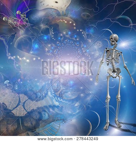 Surreal composition. Melting clocks and eye of God. Skeletons in endless dimensions. 3D rendering