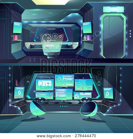 Vector Captain Cabin In The Futuristic Spaceship With Datacenter, Interfaces And Servers. Cartoon In