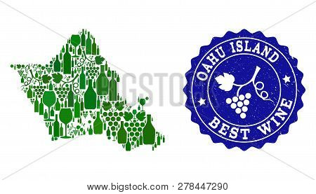 Vector Collage Of Wine Map Of Oahu Island And Best Grape Wine Grunge Stamp. Map Of Oahu Island Colla