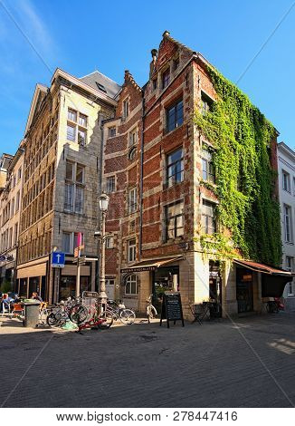 Antwerp, Belgium - May 02, 2018: A Picturesque Pedestrian Street With Traditional Flemish Architectu