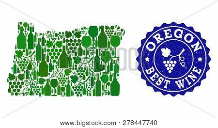 Vector Composition Of Wine Map Of Oregon State And Best Grape Wine Grunge Stamp. Map Of Oregon State