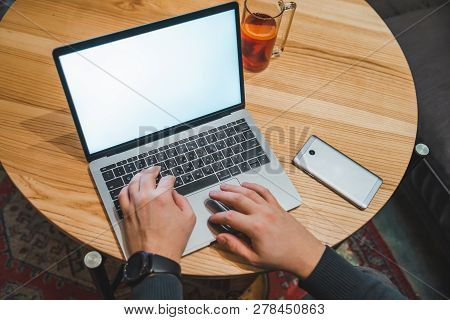 Overhead View Man Hands On Laptop White Screen Copy Space