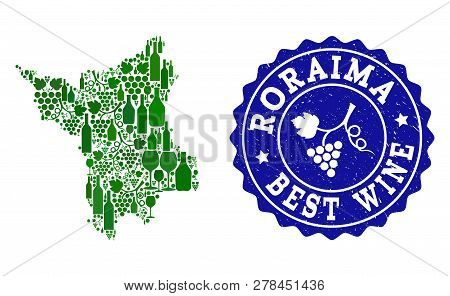 Vector Collage Of Wine Map Of Roraima State And Best Grape Wine Grunge Watermark. Map Of Roraima Sta