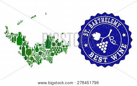 Vector Collage Of Wine Map Of Saint Barthelemy And Best Grape Wine Grunge Stamp. Map Of Saint Barthe