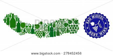 Vector Collage Of Wine Map Of Sao Miguel Island And Best Grape Wine Grunge Watermark. Map Of Sao Mig